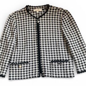 St. John Black White Evening Jacket 14 Houndstooth Pearl Gold Button Blazer TLC